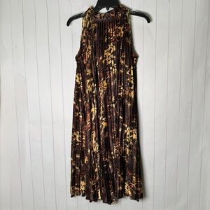 Brown Leopard Midi Pleated Shift Dress Cheetah Animal Print Bow Tie Neck Glam 10